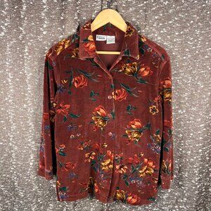 Red Velvet Floral Print Long Sleeve Button Down Blouse Shirt‎ Top